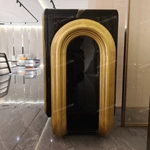 Oval Black High-Gloss Sideboard with Raised Gold Tubular Pattern and Arch Details